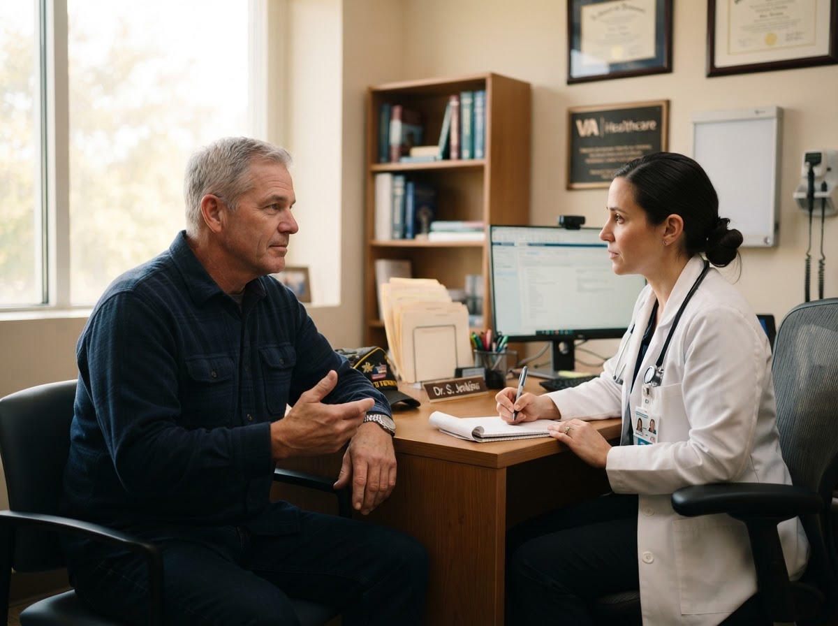 A veteran in a consultation with a physician, discussing his condition