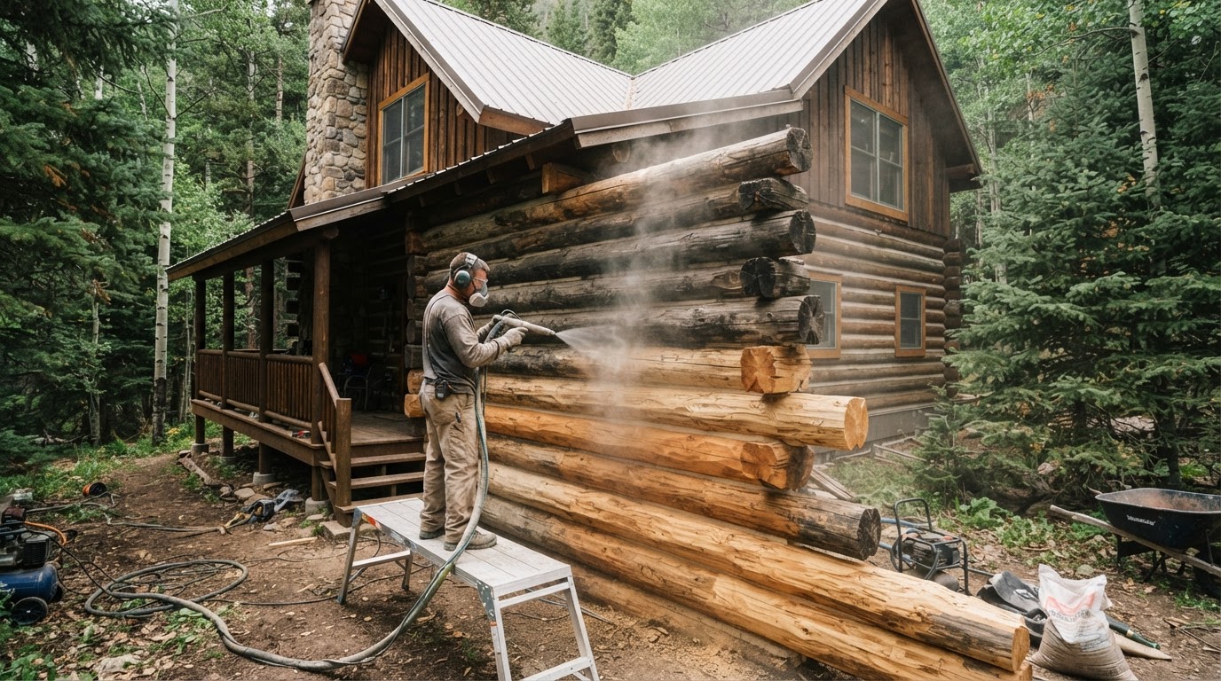Log cabin home in a wooded setting being blasted for restoration to remove old stain and mildew