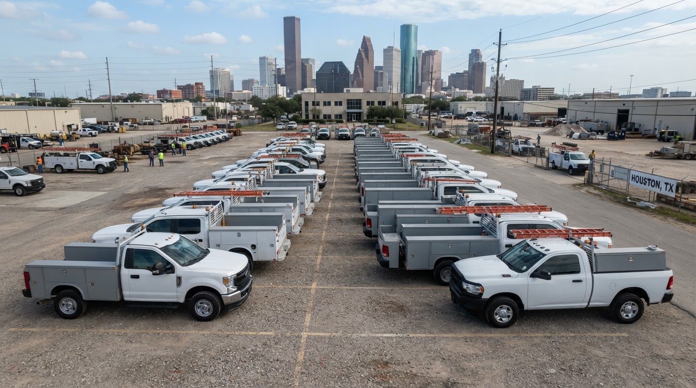 A fleet of work trucks lined up in a Houston lot