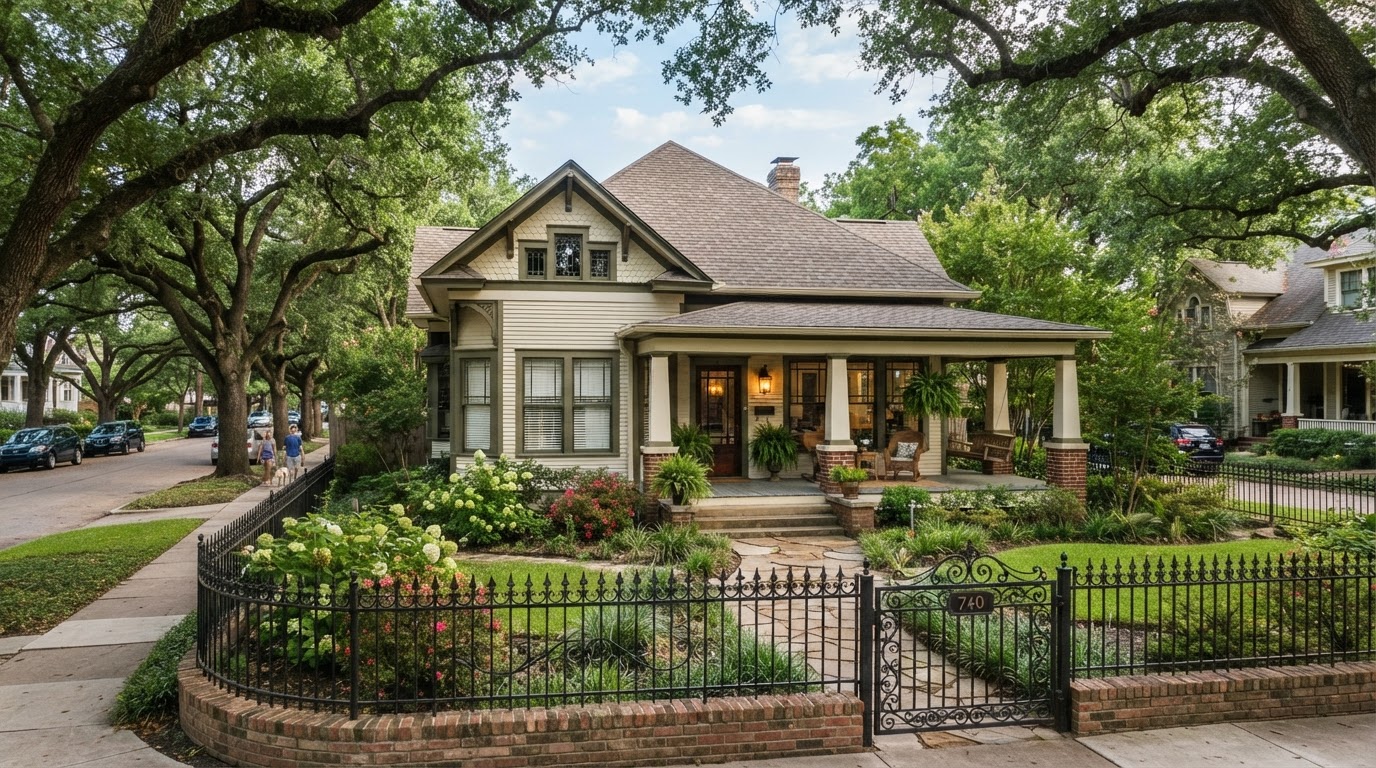 Historic Houston Heights bungalow with a wrought iron fence