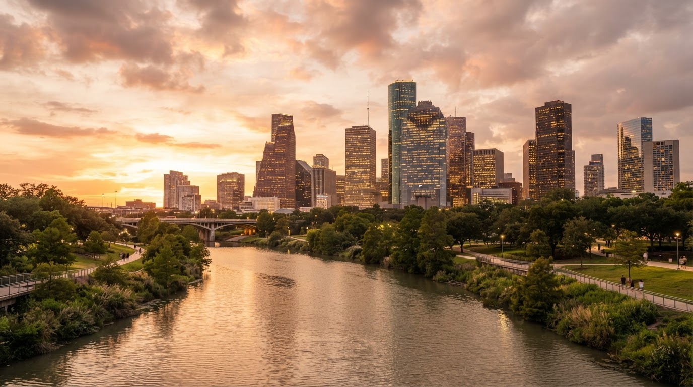 The Houston Texas skyline at golden hour with downtown skyscrapers