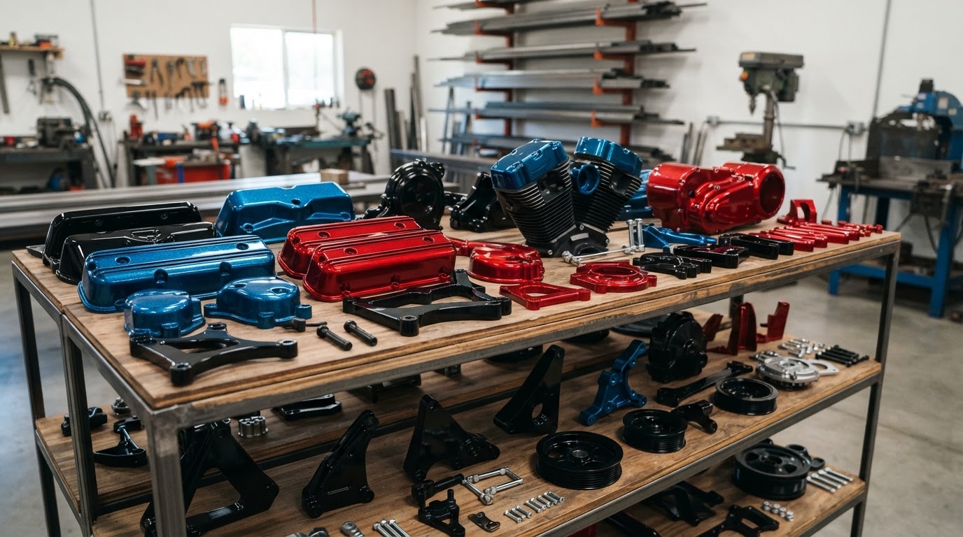 Colorful powder coated motorcycle and car parts in candy red, gloss black and metallic blue