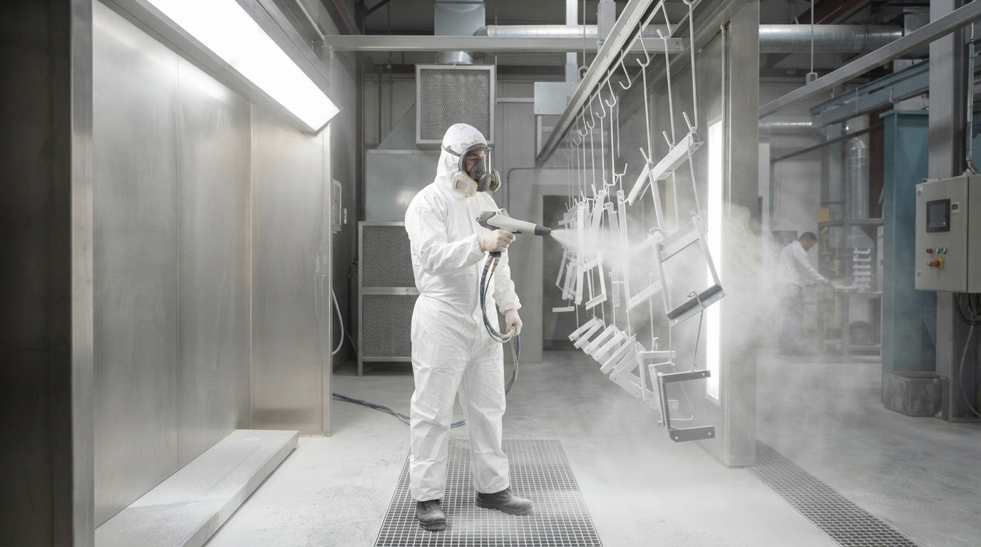 Technician in protective suit and respirator spraying powder coating onto hanging metal parts in a Houston shop