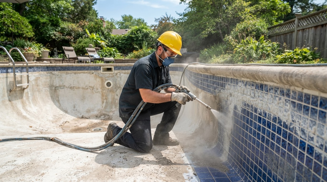 A drained pool with clean tile being blasted in Houston