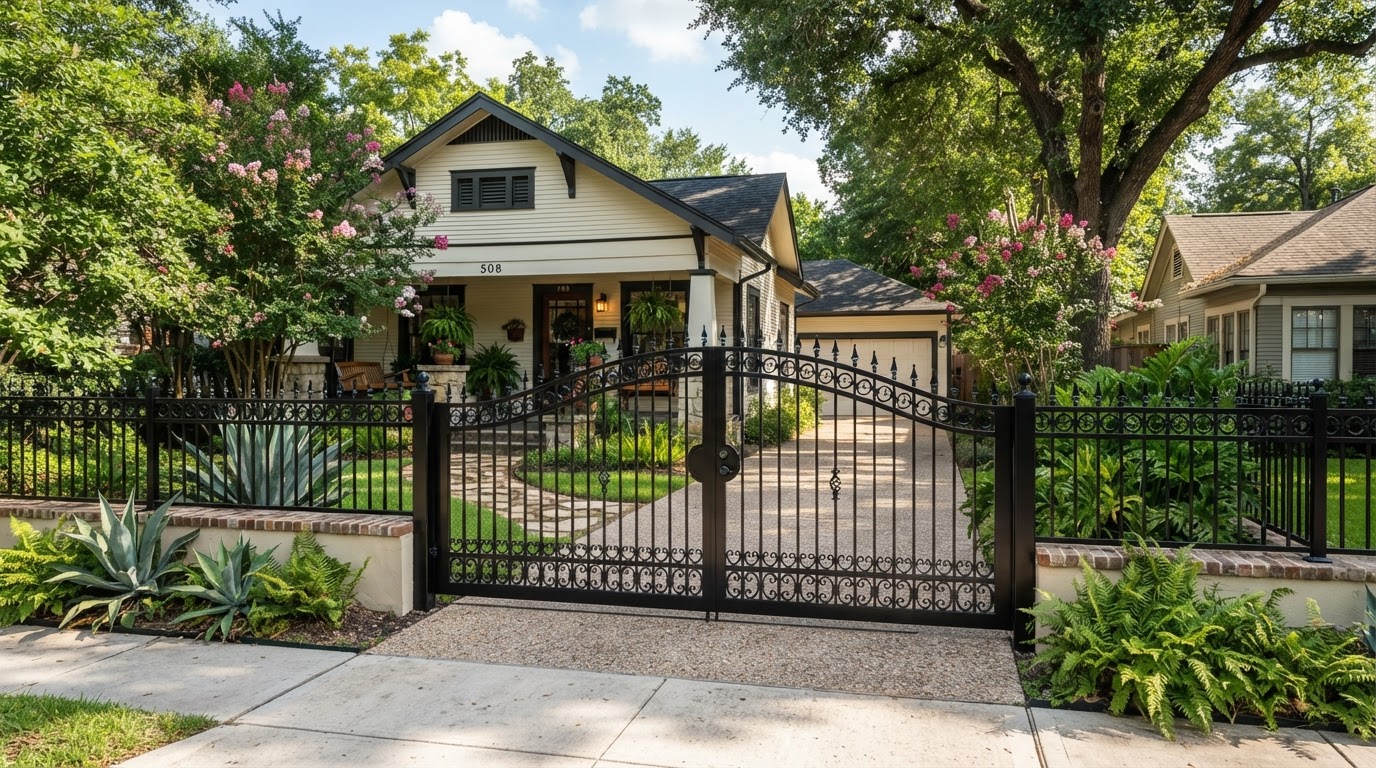 Wrought iron gate with a new satin black powder coated finish in front of a Houston home