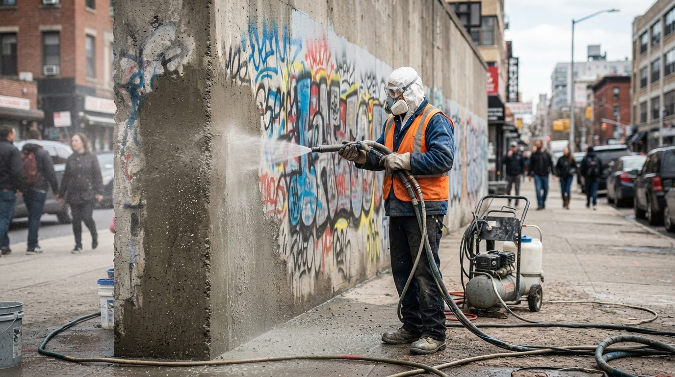 Graffiti being removed from a wall in Houston with wet blasting