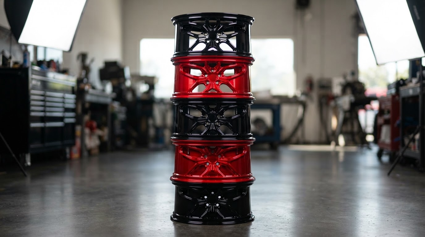 Freshly powder coated wheels in gloss black and candy red