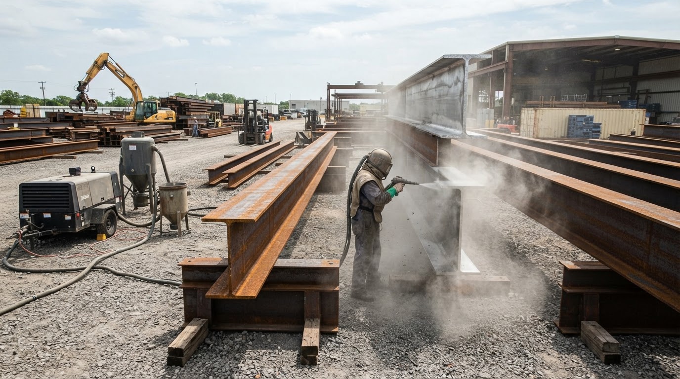 Structural steel and heavy equipment in an industrial yard