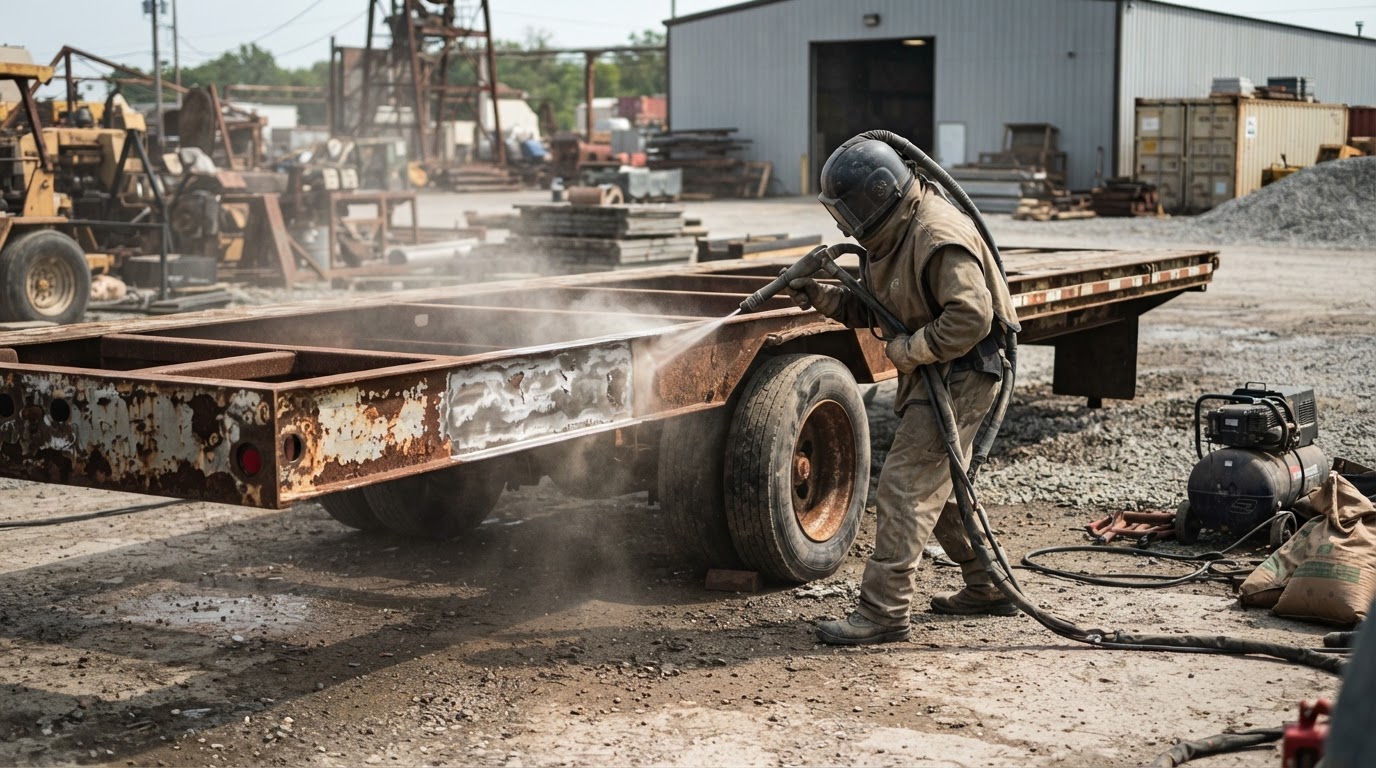 A trailer being sandblasted to remove rust and old coatings in Houston