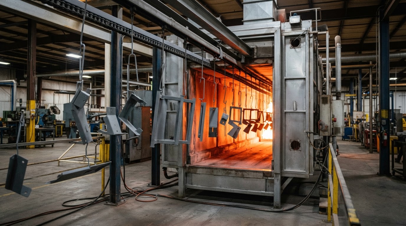 Metal parts on a rack entering a large industrial curing oven for powder coating