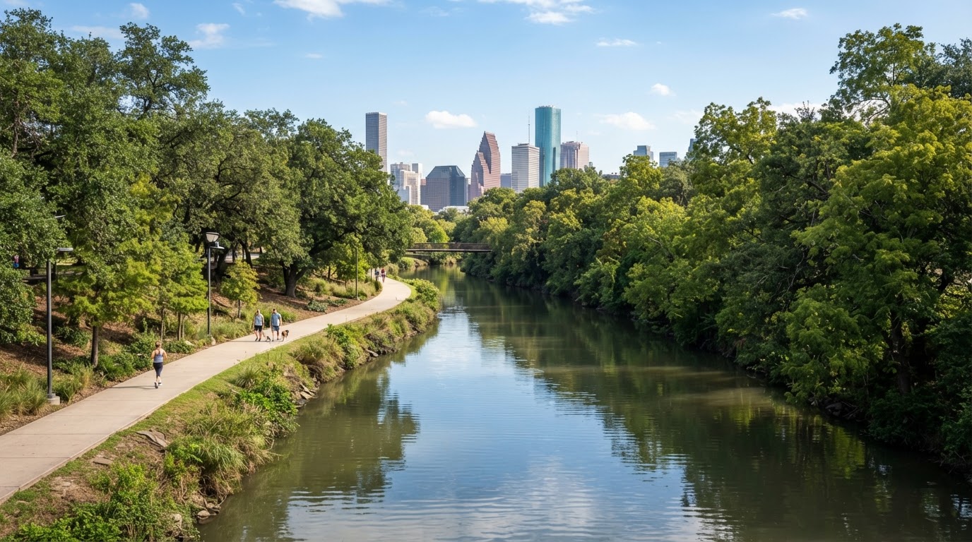 Buffalo Bayou with tree-lined banks in Houston
