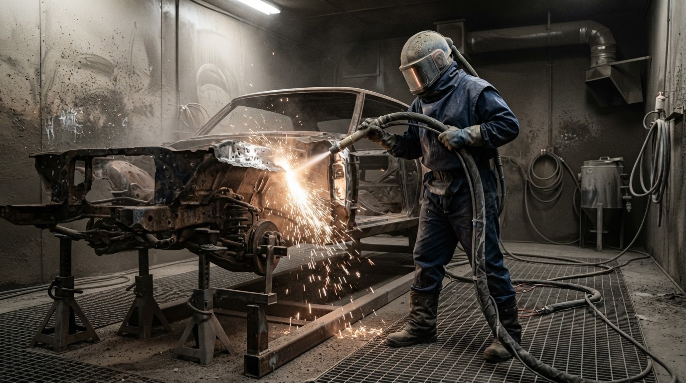 A stripped car frame being sandblasted in a Houston blast booth