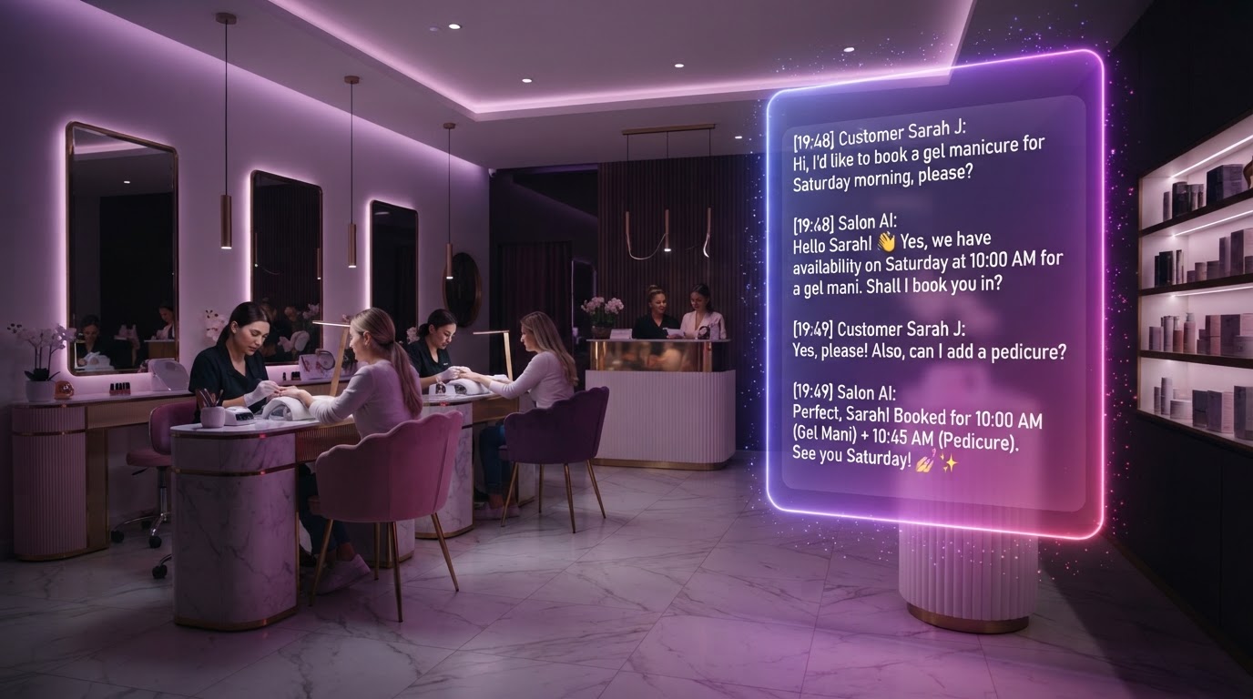 Modern nail and beauty salon with an AI chat automation panel