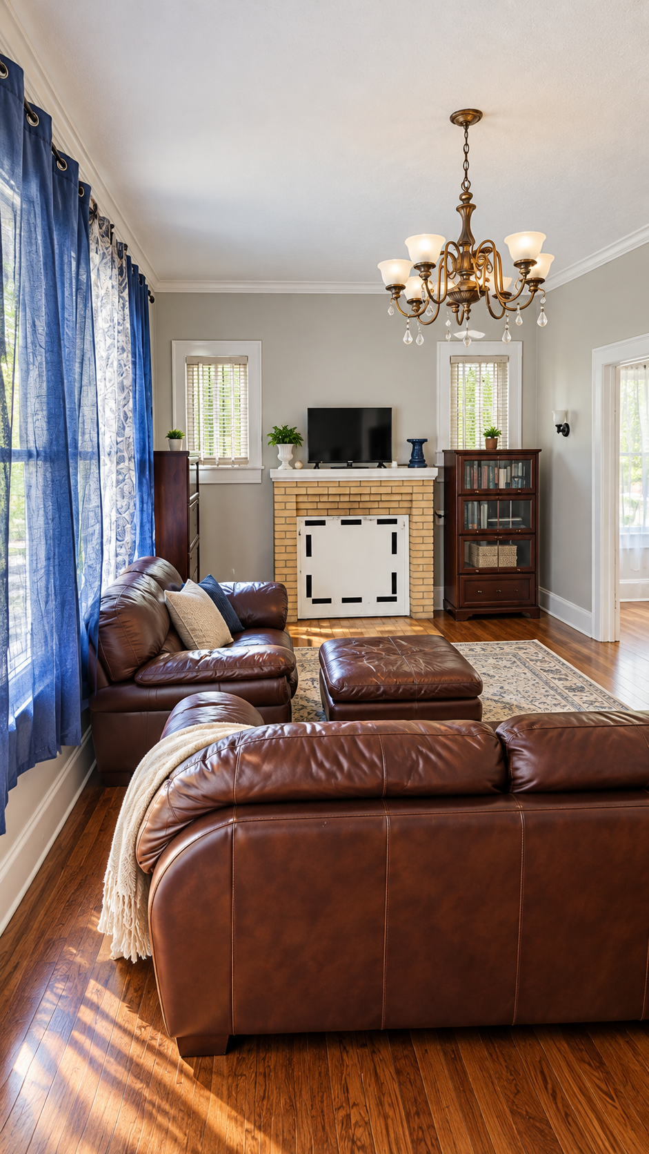 Furnished living room with leather sofas, fireplace, and hardwood flooring at 123 E Monroe St, Salisbury