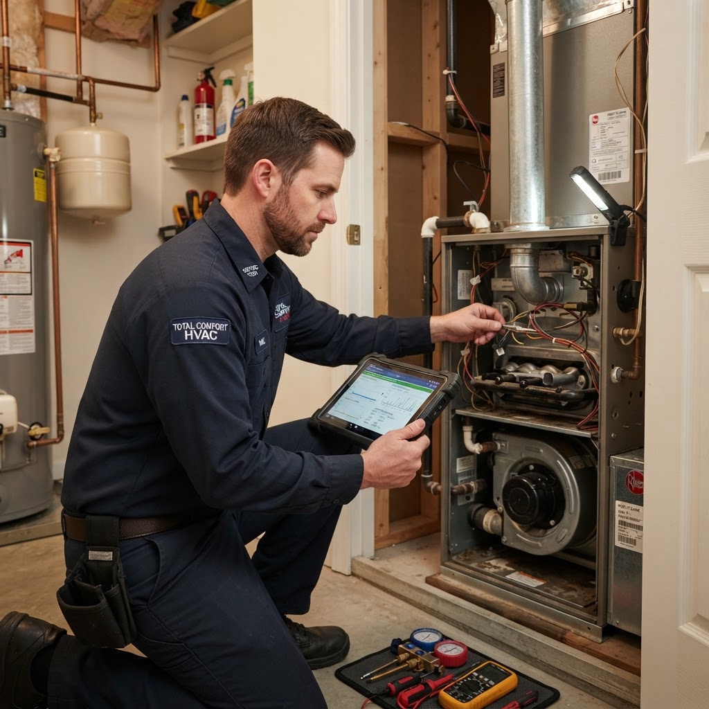 Bakersfield HVAC technician tuning high efficiency heating furnace with diagnostic tablet