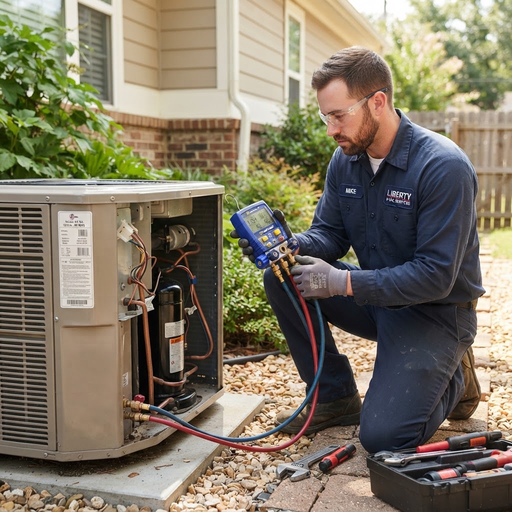 NATE certified technician servicing residential AC unit in Bakersfield with Sierra Nevada foothills