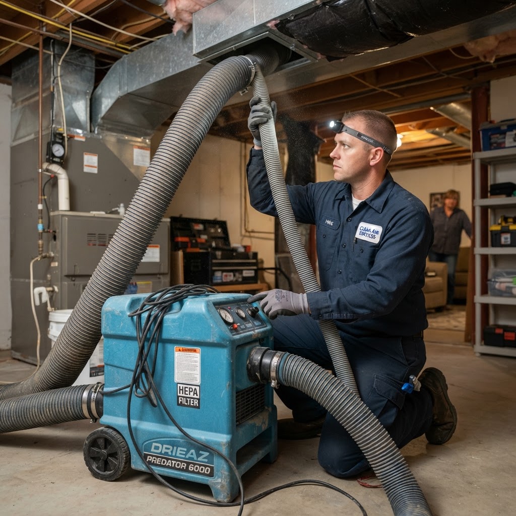 HVAC technician operating HEPA air duct cleaning rotary equipment in Bakersfield home