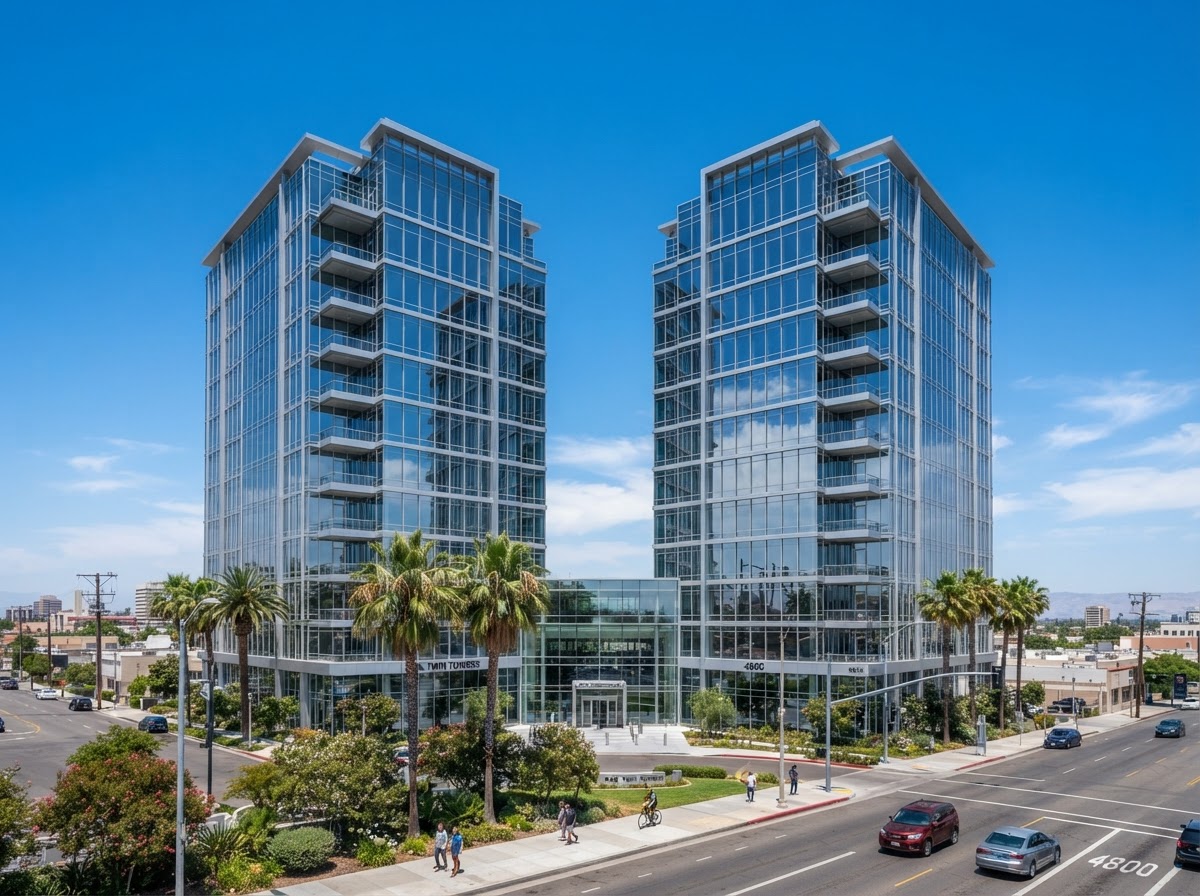 Cal Twin Towers commercial office building exterior at 4900 California Ave in Bakersfield California