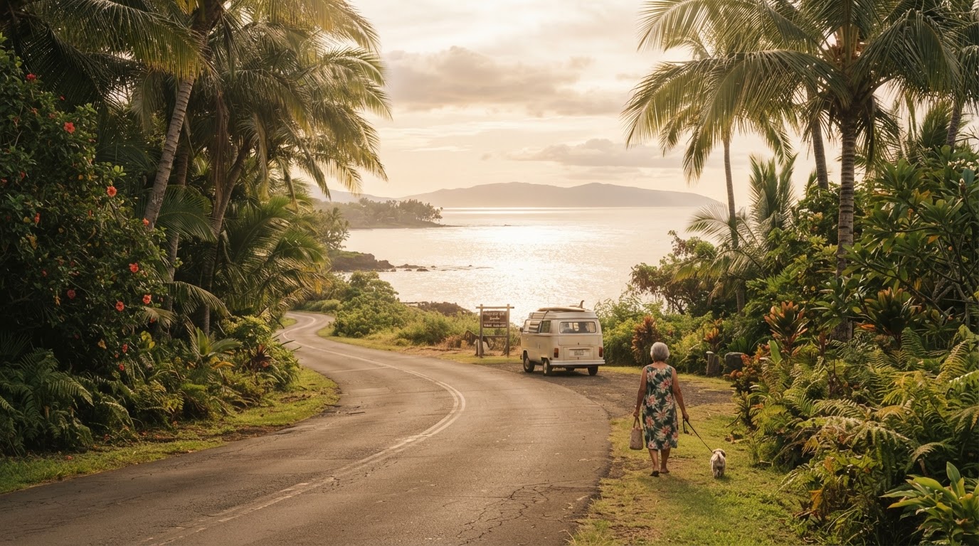 Quiet palm-lined Maui coastal road at golden hour