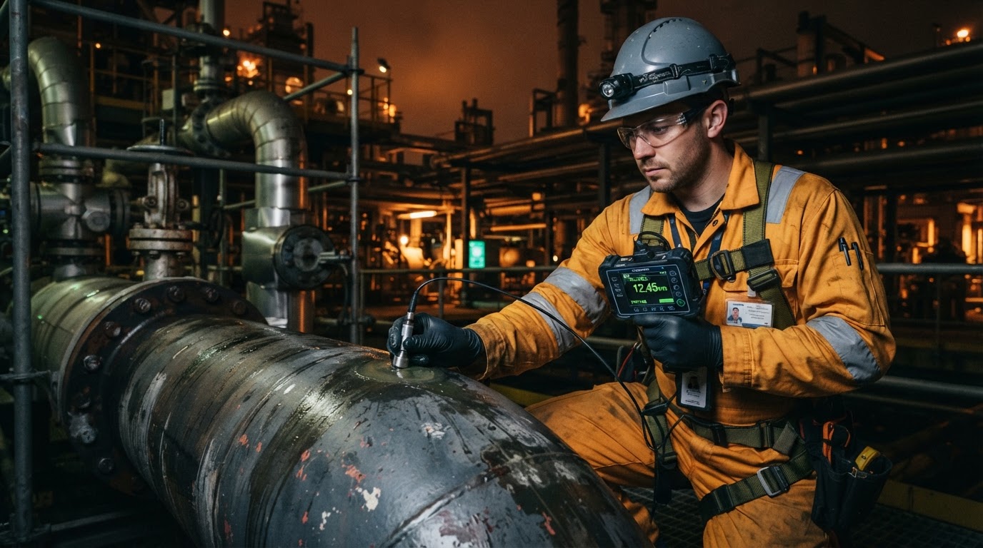 Non-destructive testing technician performing ultrasonic thickness measurement on industrial pipework