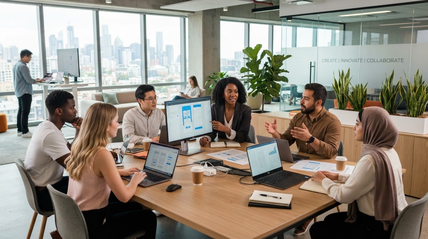 Equipo profesional trabajando con tecnología en un entorno empresarial moderno