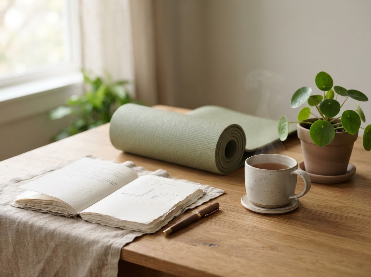 Calm wellness still life on a wooden surface with a rolled yoga mat, an open journal, a cup of tea and a small green plant