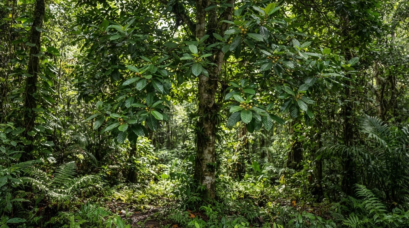 Mature kratom tree with large green veined leaves in a tropical forest