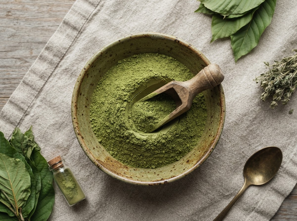 Fine green kratom powder in a bowl