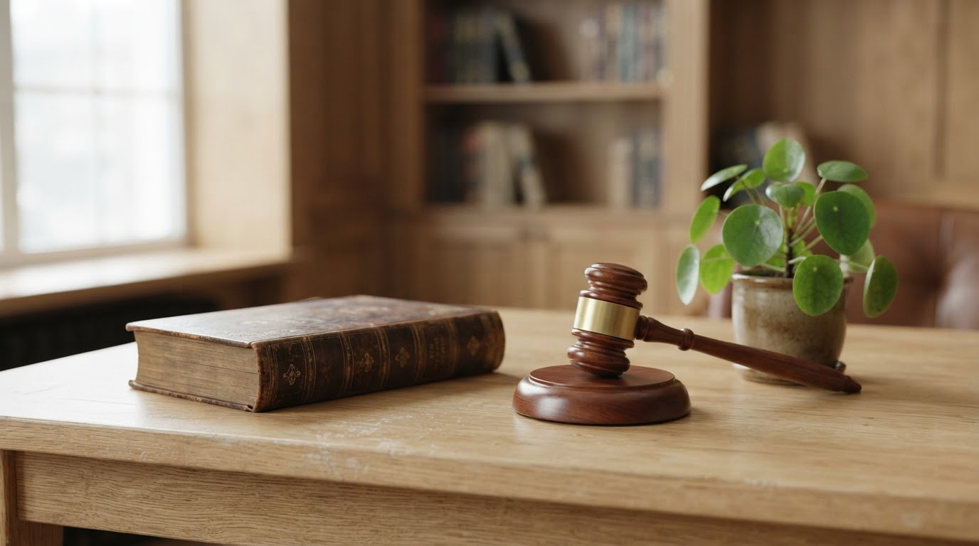 Wooden desk with a law book, a gavel, and a small potted plant