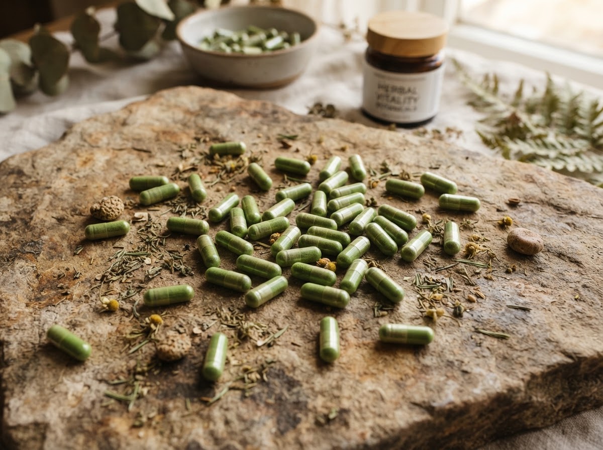 Green botanical capsules on a stone surface