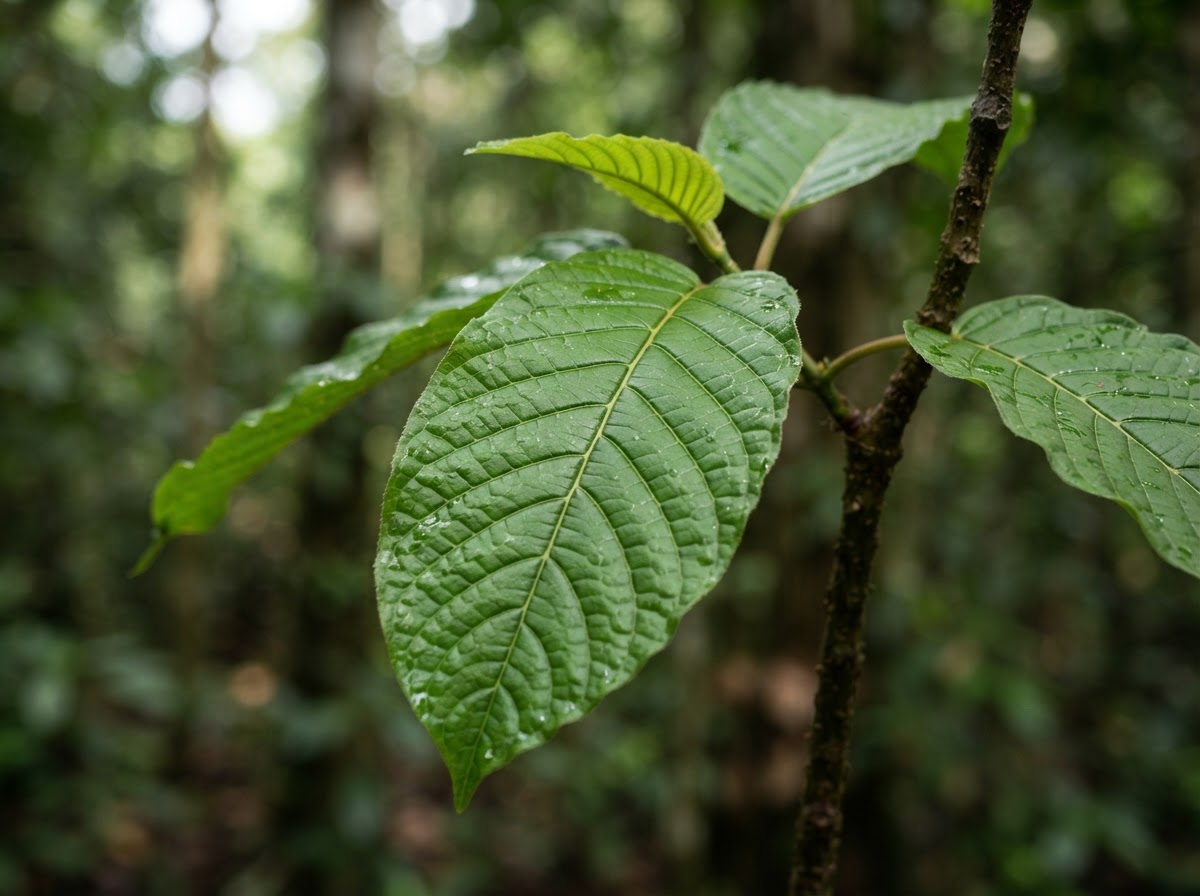 Close-up of fresh green kratom leaves showing prominent veins