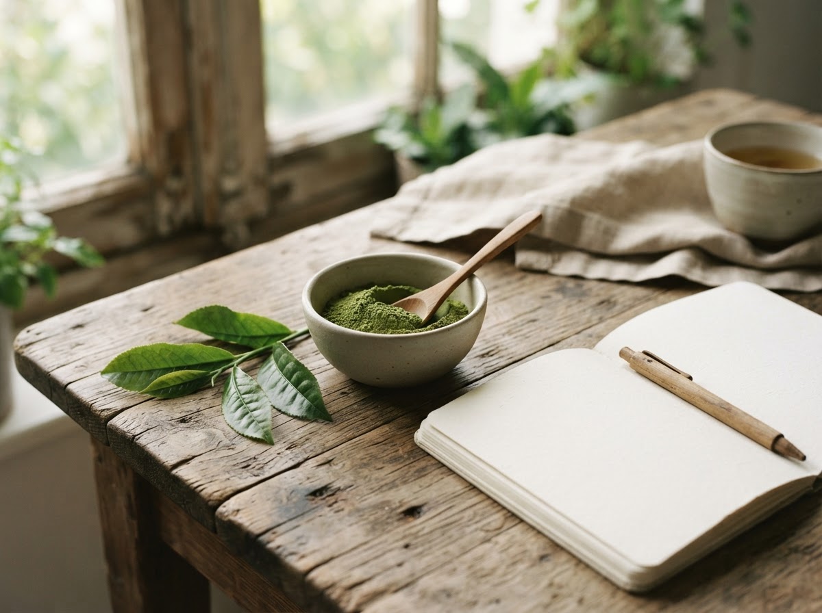 Fresh green leaves and a small bowl of fine green powder on a wooden table next to an open notebook