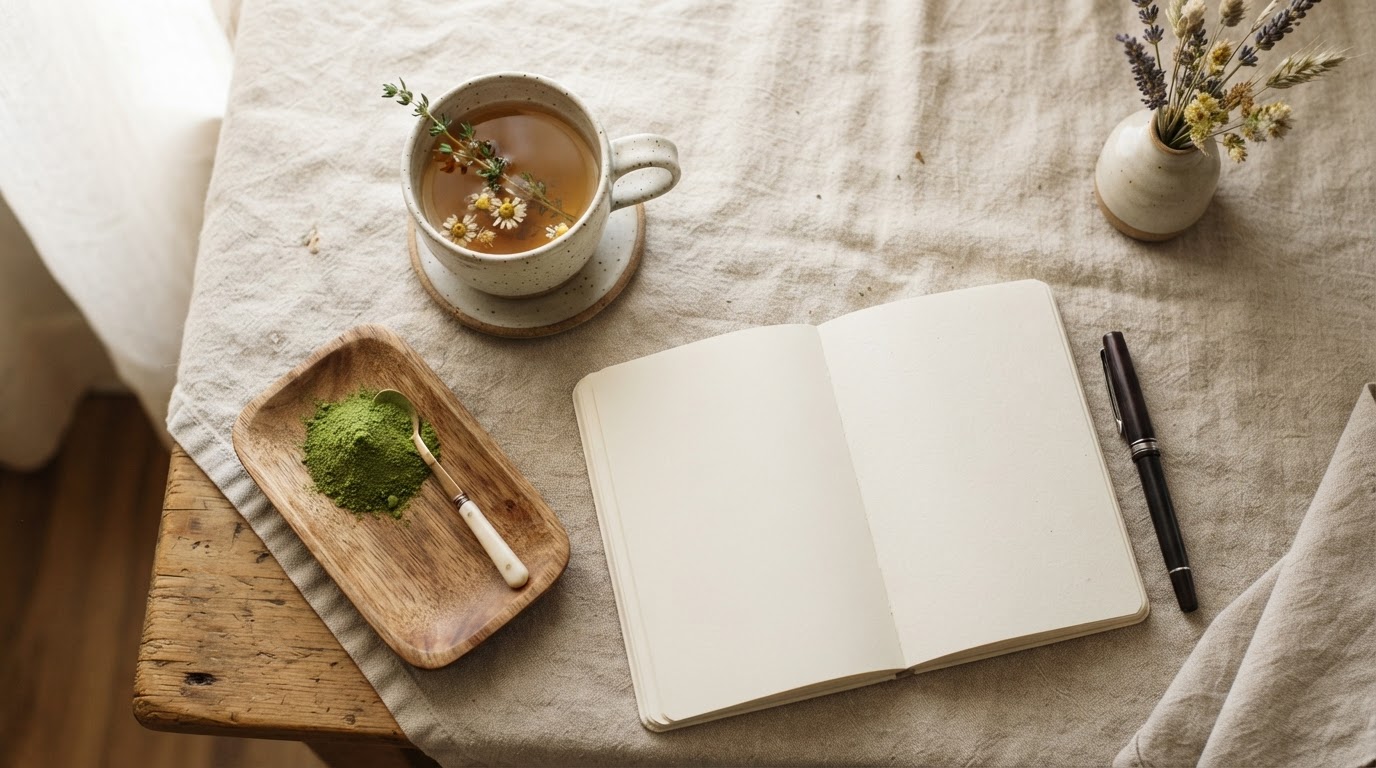 Calm morning table with herbal tea, a journal, and a small mound of botanical powder