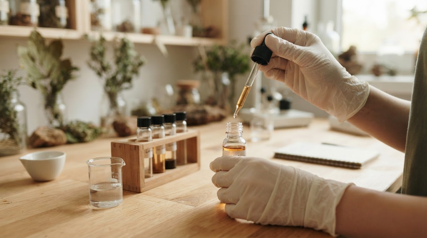 Gloved hands holding laboratory test vials over a clean workbench