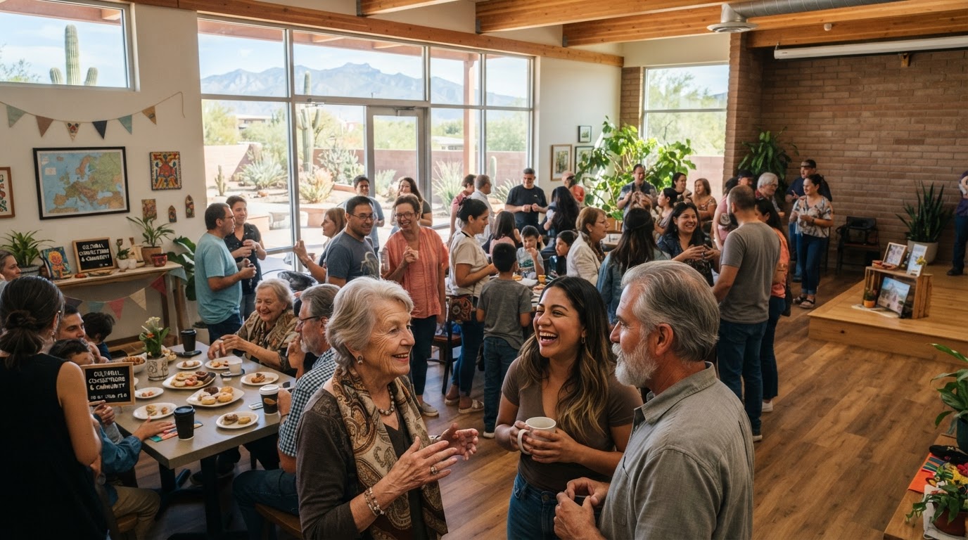 Welcoming community gathering conveying belonging and connection