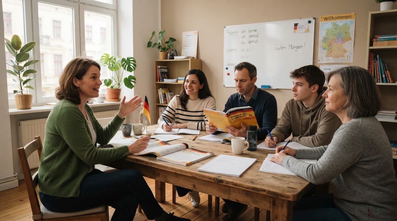 Adults learning German together in a welcoming classroom