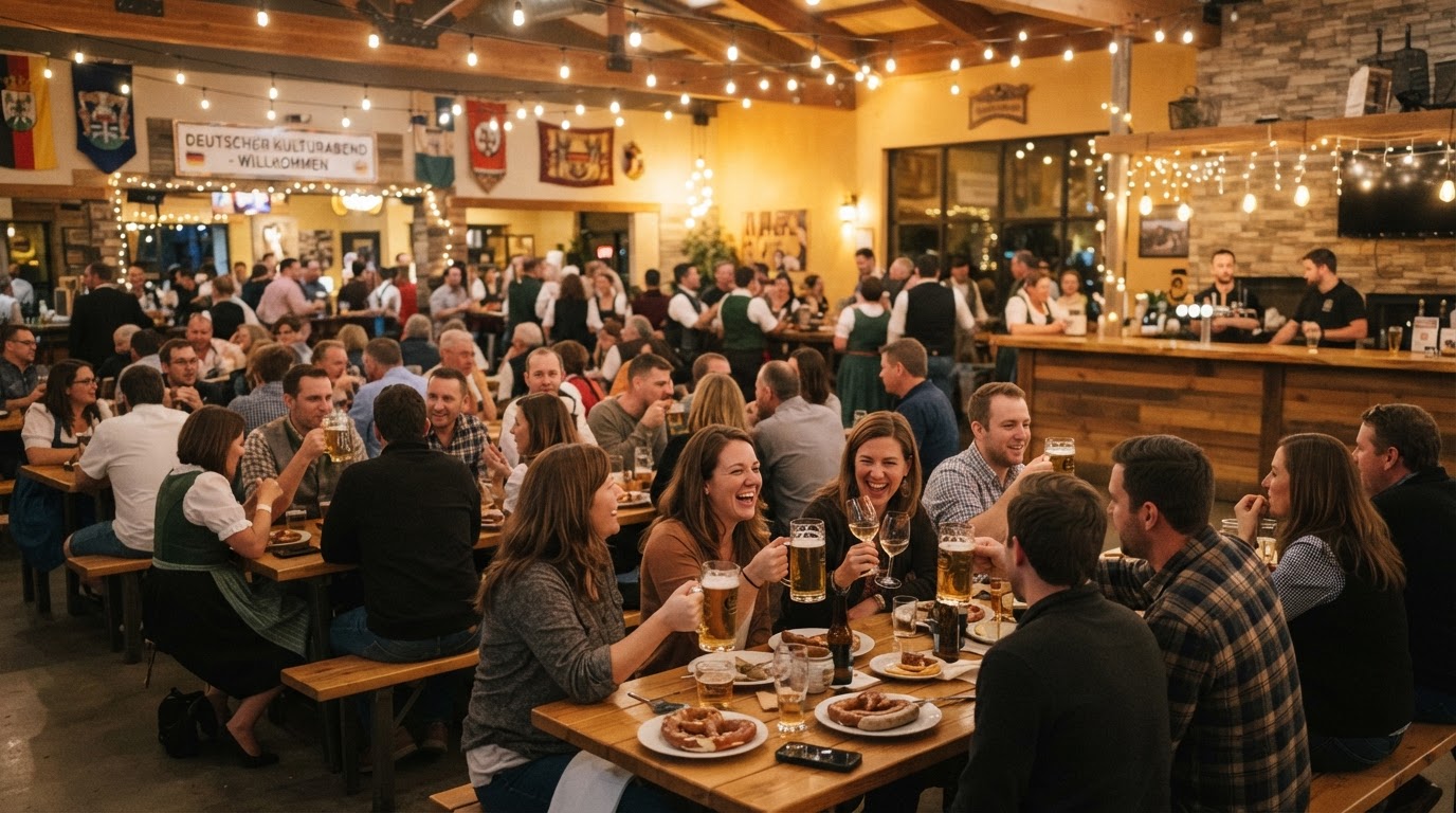 Warm evening community gathering celebrating German-speaking culture