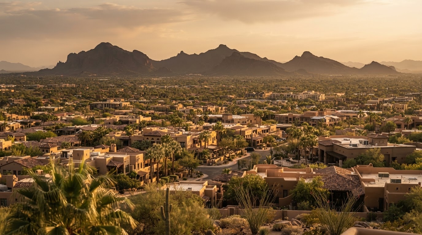 Warm golden-hour cityscape of Scottsdale, Arizona
