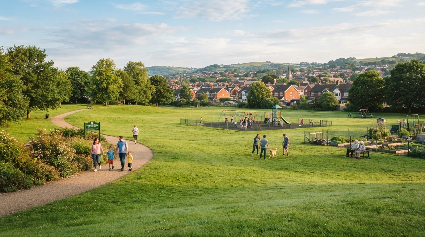 Panoramic view of the Ely and Caerau community green space