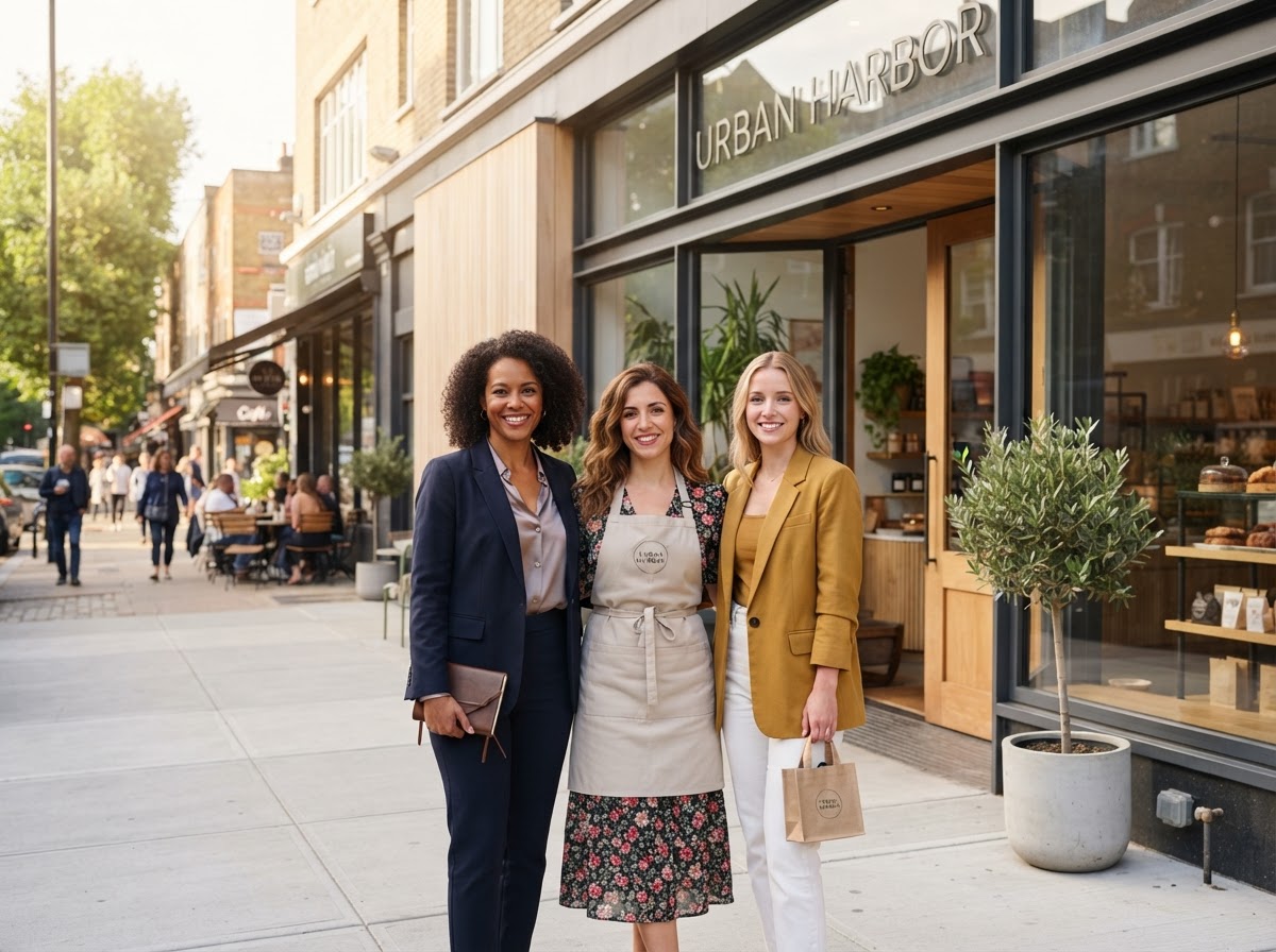 Local business owners standing in front of their shops