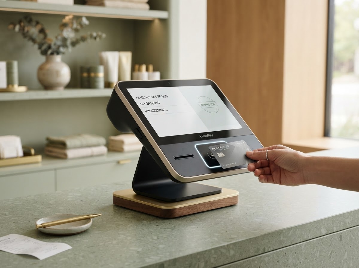 A modern sleek touchscreen POS payment terminal on a clean retail counter with a credit card being tapped to pay