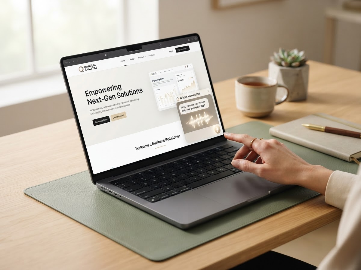 A laptop showing a business website with an AI voice assistant chat widget and soundwave visualization
