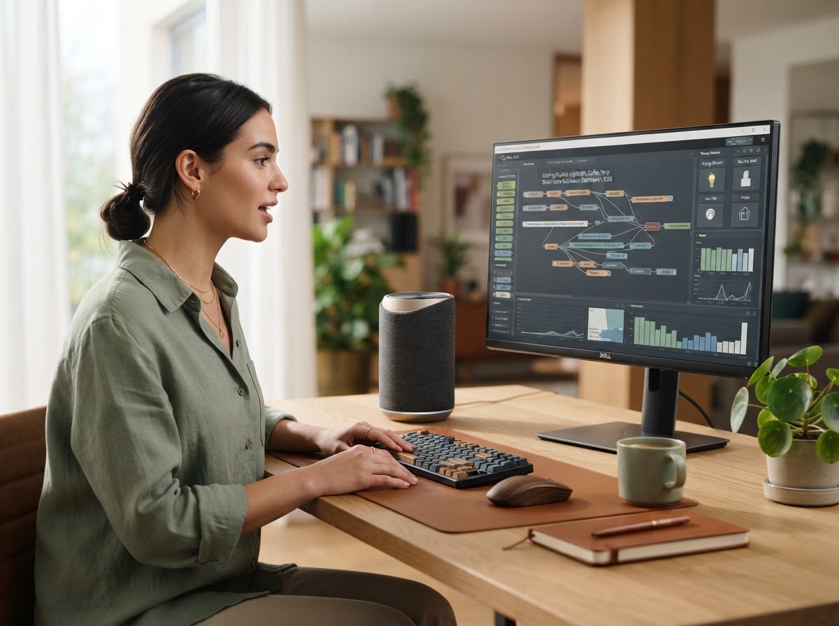 A smart voice assistant speaker on a premium desk next to a monitor showing an automation workflow dashboard