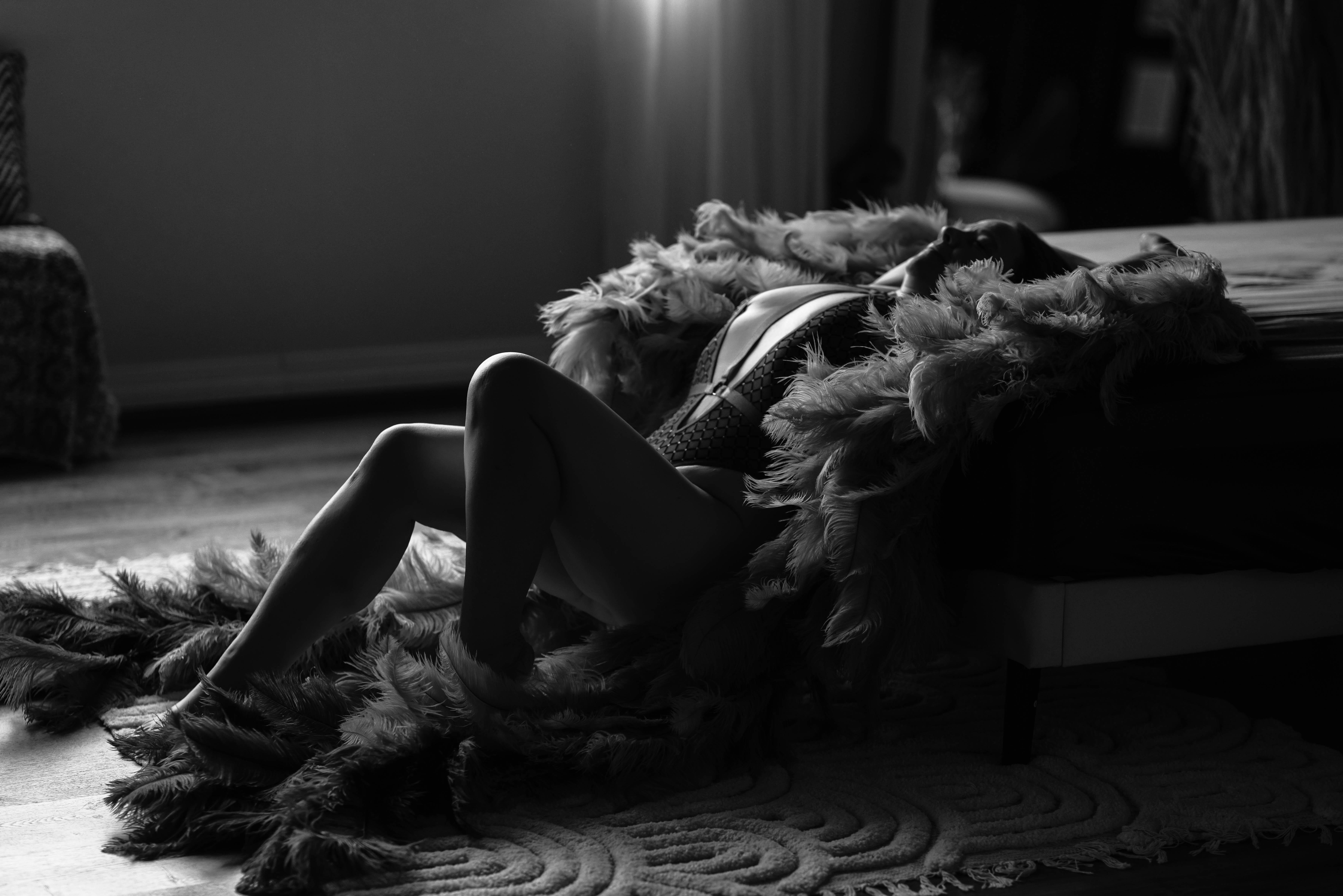 Dramatic silhouette portrait on velvet rug with feather wings