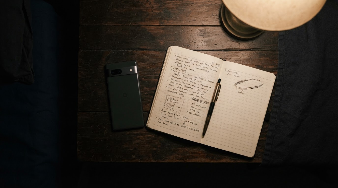 A phone resting on a table beside a notebook