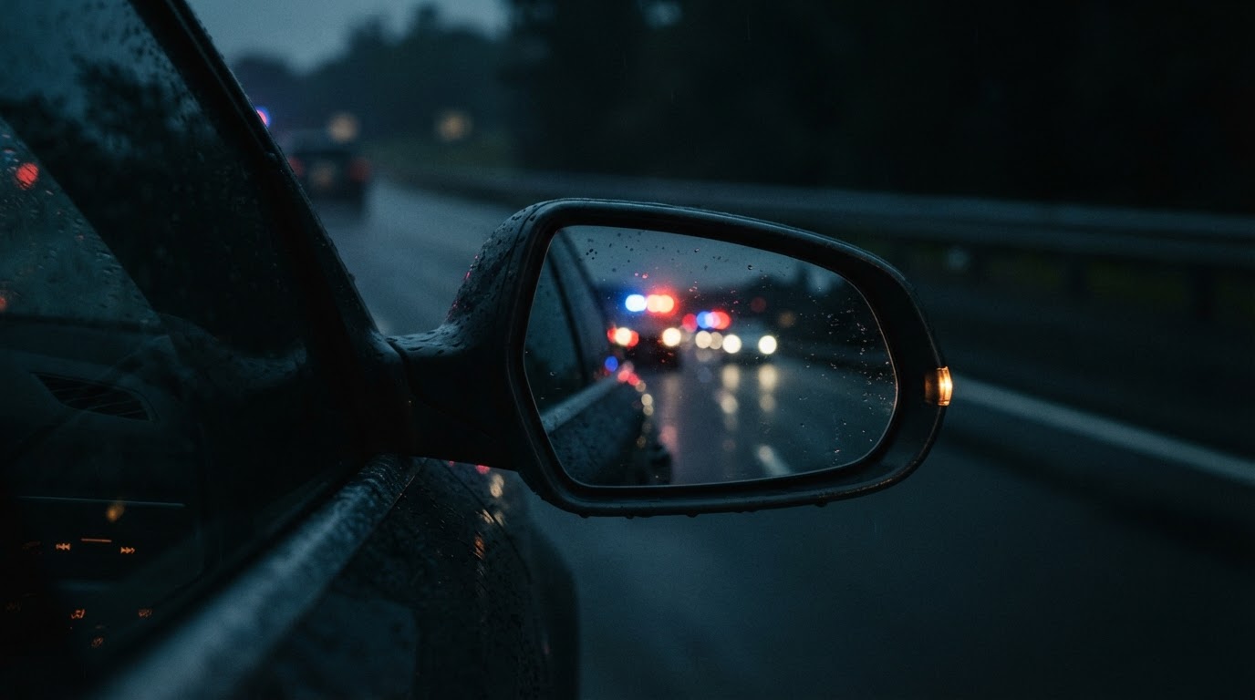 A car side mirror reflecting distant police lights at dusk
