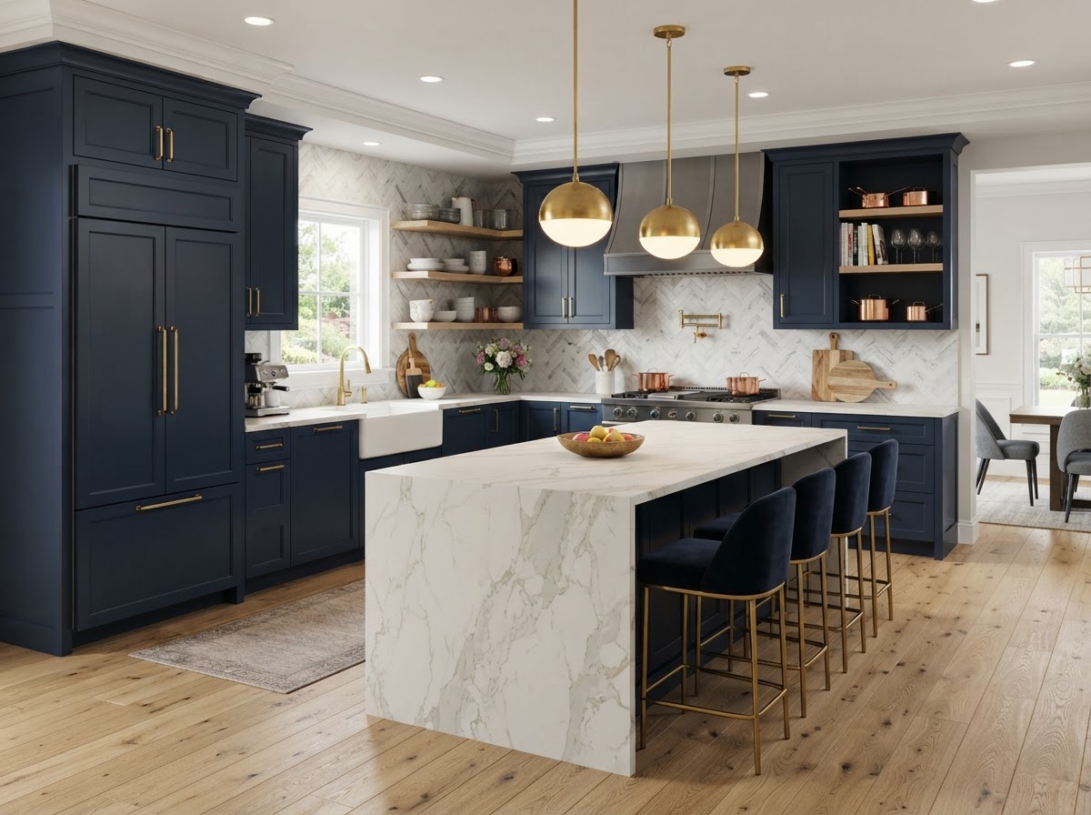 Luxury kitchen renovation with deep navy blue cabinetry, a marble-look quartz island, herringbone marble backsplash, and brass hardware.