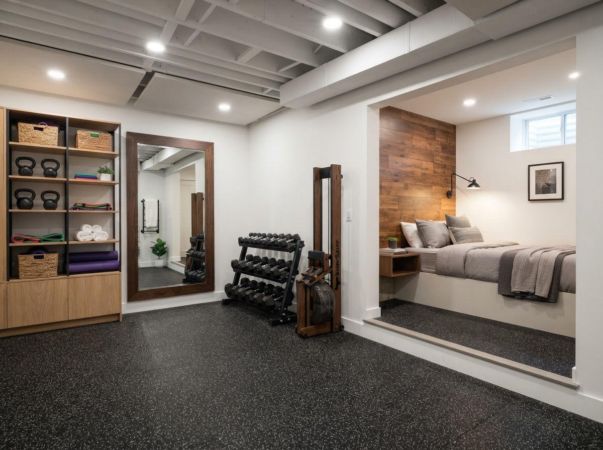 Finished basement home gym with rubber flooring, builtin storage, a large mirror, and dumbbells, adjacent to a small guest bedroom nook.