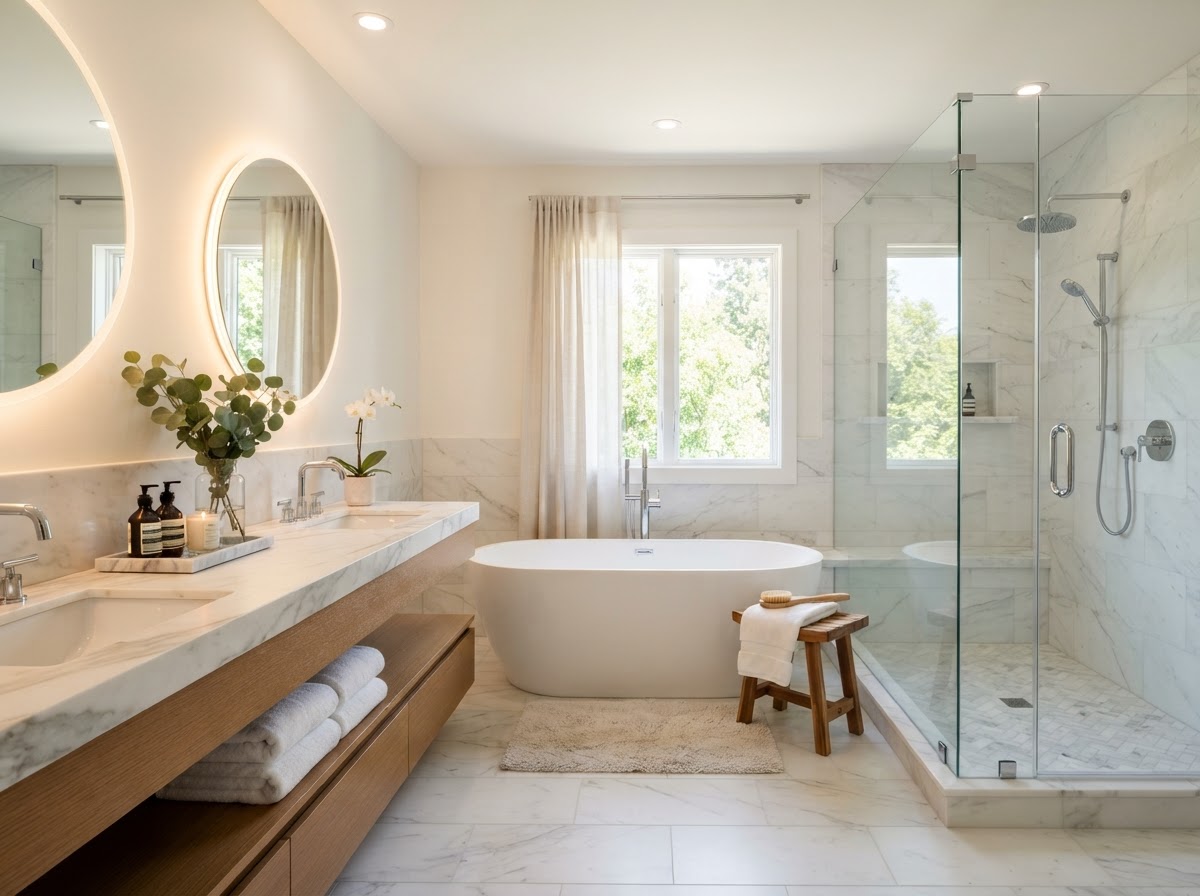 Renovated bathroom with freestanding tub and tile finishes
