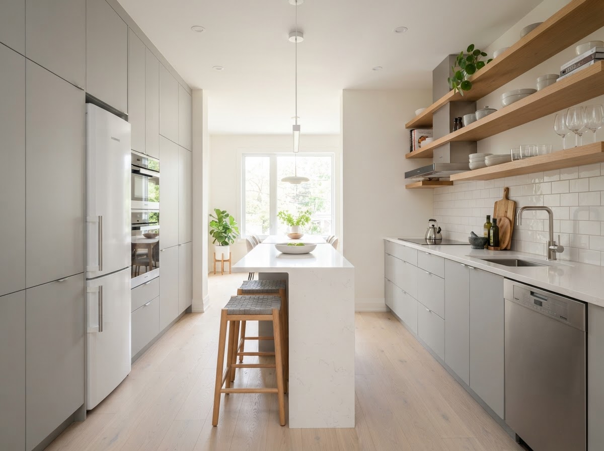 Bright modern galley kitchen with soft grey flat-panel cabinets, a compact white quartz island, open wood shelving, and subway tile backsplash.